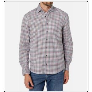 Johnnie-O Hangin Out Button Up Long sleeve Blue and Brown Checkered Shirt, XL